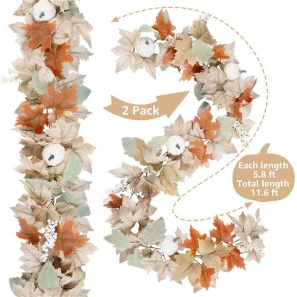 Fall Garland for Mantle Fireplace 2 Pack Outdoor Autumn Leaves Decor for Home - Picture 2 of 7
